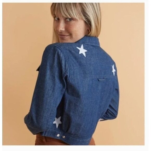 NWT Marine Layer Embroidered Cropped Jacket in Medium Indigo Stars Blue White XS - Picture 1 of 5